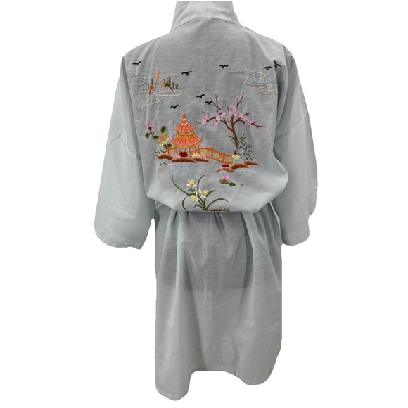 Longevity Chinese Embroidered Robe Kimono Blue With Belt Vintage Garden Scene M - Picture 1 of 11